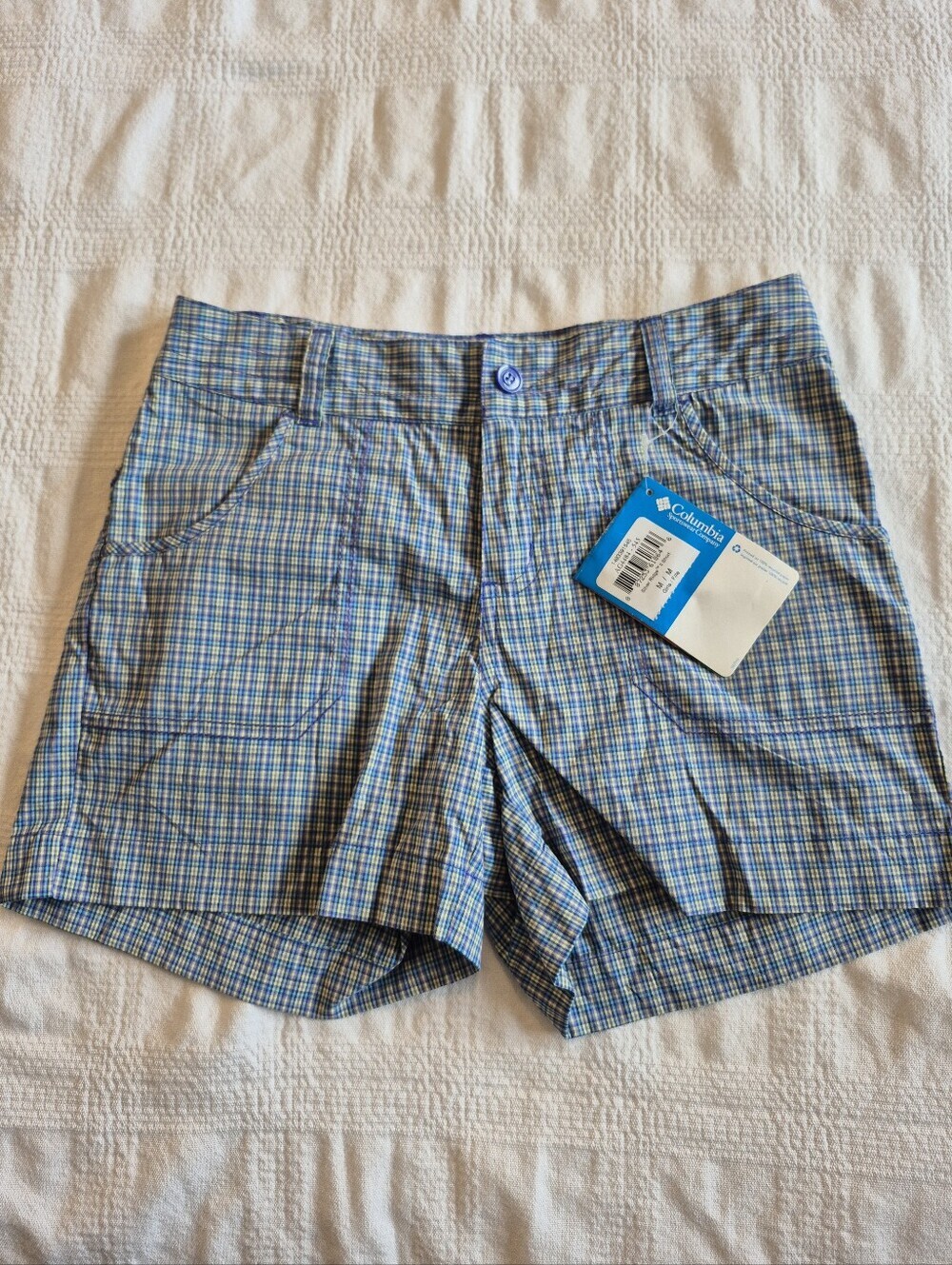 Columbia girls Medium silver Ridge II shorts blue green purple plaid NWT